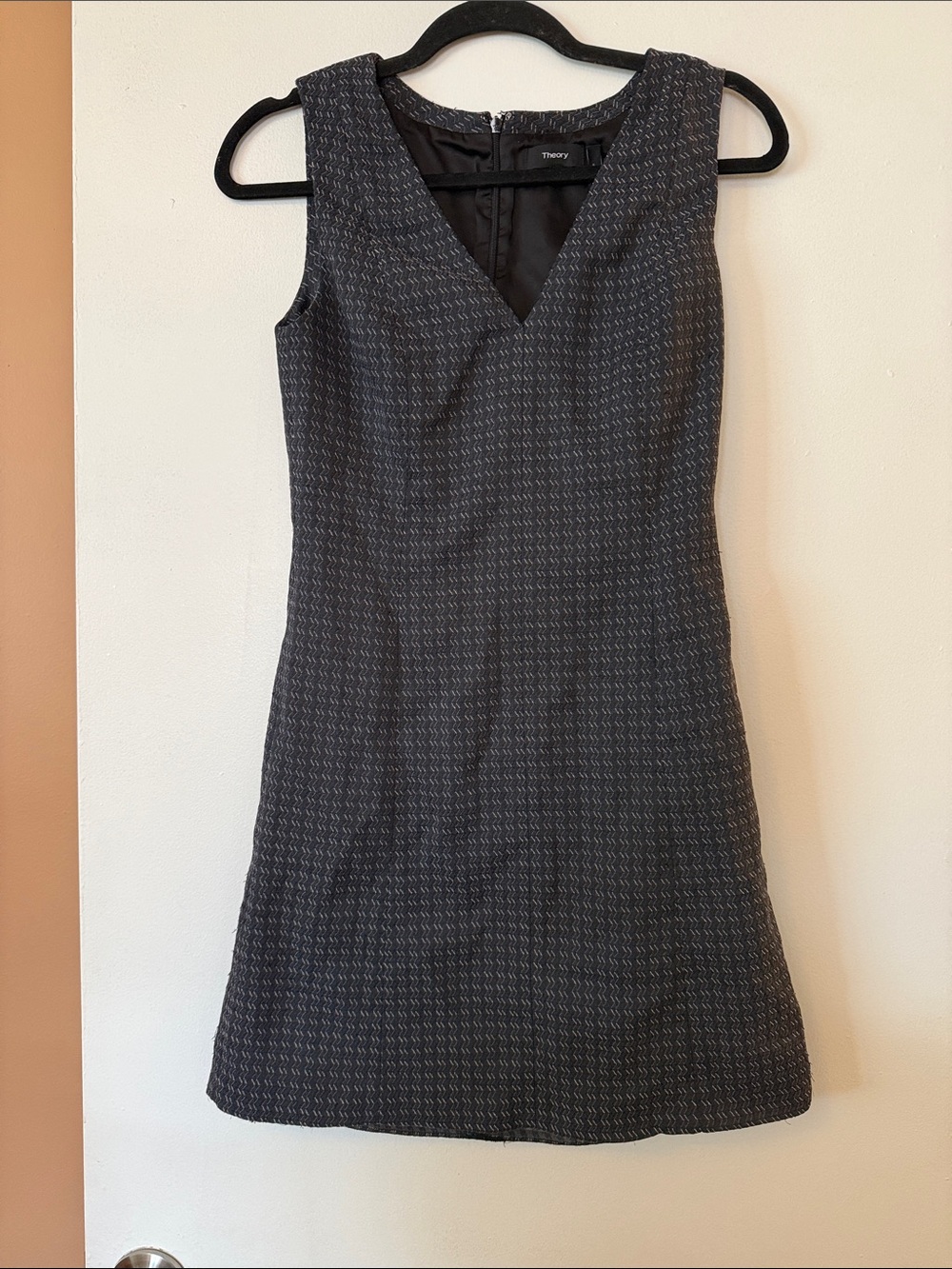 Theory Blue/Charcoal Textured V-Neck Shadow Jacquard Mini Dress